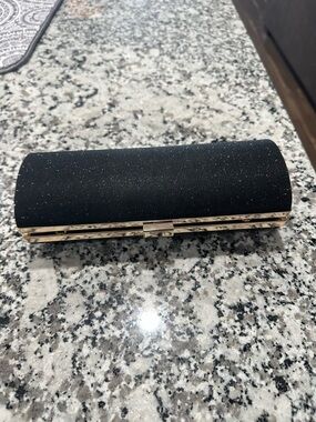 INC International Concepts Black Glitter Clutch with Gold Accents